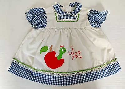 Vintage Cradle Togs Infant Baby Dress I Love You Apple Worm Applique Checks Lace • $22.97