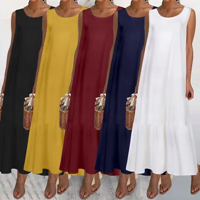 Women Ruffles Beach Sundress Casual Loose Sleeveless Party Long Dress Kaftan • $12.79