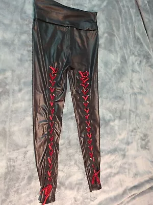 Women's Gothic Shiny PU Leather Leggings Lace Up Back Trousers Pants Size Medium • £13.67