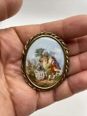 Vintage French Limoges Hand Painted Lovers Scene Brooch Missing Fastener • £10