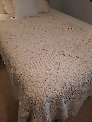 Vintage Hand Crocheted Bedspread Ecru Coverlet 52 X 76  Heavy 100% Cotton  • $45