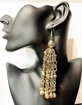 Vintage Statement BOLD Earrings Chandelier Long Antique Gold Lightweight Pierced • $19.99