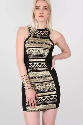 Party Dress Gold Aztec Glitter Print Stretch Bodycon Dress • £10