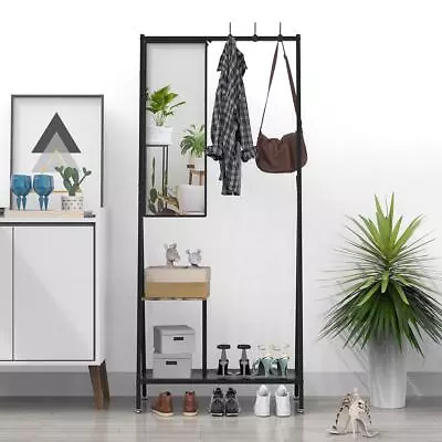 Industrial Style Aluminum Frame Coat Rack With Mirror And Shoe Storage • $53.69