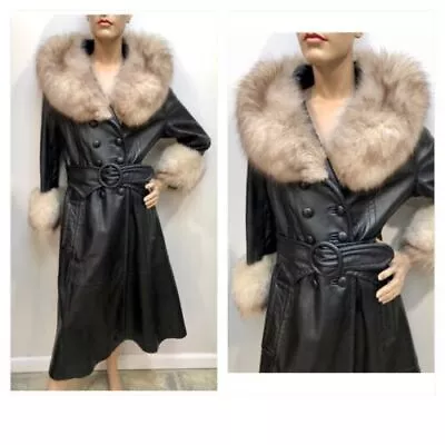 70s Disco Glam Rock Buttery Black Leather Trench Coat Fox Fur Collar-Cuff Small • $126.70