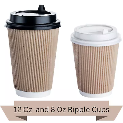 Disposable Coffee Cups Paper Kraft Ripple Cups & Lids Hot Drinks Triple Layer • £4.49