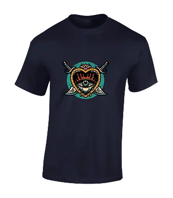 Swords And Heart Mens T Shirt Cool Retro Tattoo Design Illuminati Top New • £7.99