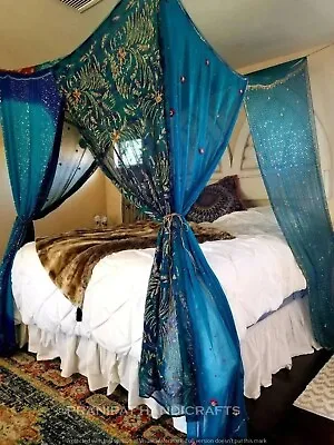 1 PC Indian Vintage Silk Sari Tent Drapes Recycled Hippie Room Decor Bed Canopy • £121.22