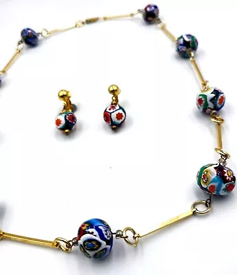 Vintage Murano Venetian Art Glass Millefiori Bar Bead Necklace & Earring Set • $36