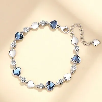 925 Sterling Silver Crystal Love Heart Linked Charm Bracelet Women Jewellery UK • £3.99