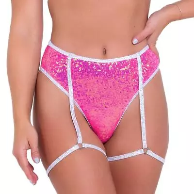 Sequin Garter Shorts O Ring High Waisted Iridescent Shimmer Bikini Hot Pink 6099 • $35.99