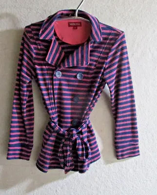 Women's Pea Coat Size SP By Merona  Blue Pink Stripes Cotton Polyester Blend 💙 • $12.90