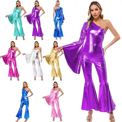 Women Leotard Bodycon Jumpsuit Retro Catsuit Fashion Bodysuit Shiny Rompers 70s • £25.38