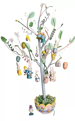 Vintage 18  Easter Tree With 24 Colorful Wooden Ornaments Bunnies Eggs & More • $17.52