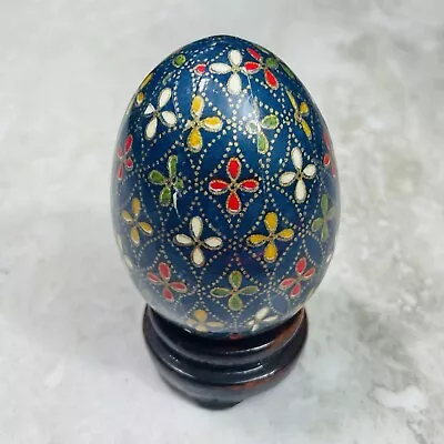 Vintage Blue Wood Enamel Floral Gold  Painted Egg Decor 2.25” Lacquer No Stand • $14.99