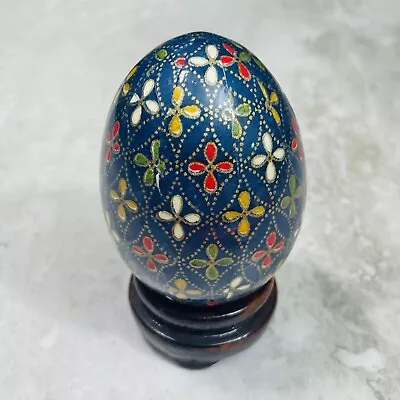 Vintage Wood Enamel Painted Decorative Egg Blue No Stand 2.25” H Lacquer Ware • $17.99