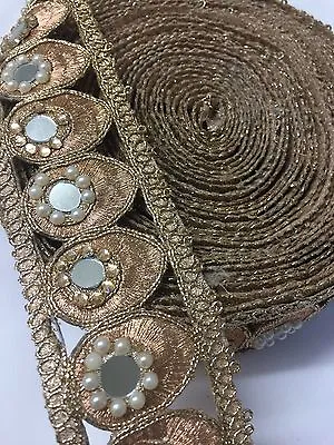 INDIAN ROSE GOLD PEACOCK FEATHERS MIRRORS & PEARLS/CRYSTALS TRIM/LACE-1 Metre • £4.90