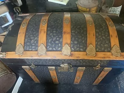 Antique Embossed Metal Oak Banded Dome Top Steamer Trunk Chest W Insert 1800’s • $2500