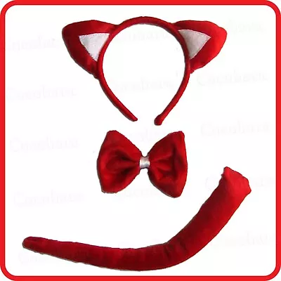 Red Fox Cat Kitten Meow Headband Hairband With Ears+bow Tie+tail-3pc Set-costume • $14.99