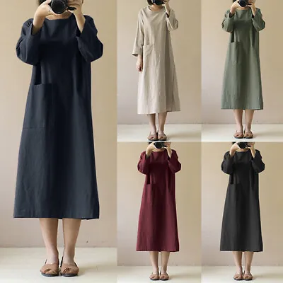 $24.24 • Buy ZANZEA Womens Spring Long Sleeve Crew Neck Plain Abaya Kaftan Maxi Shift Dresses