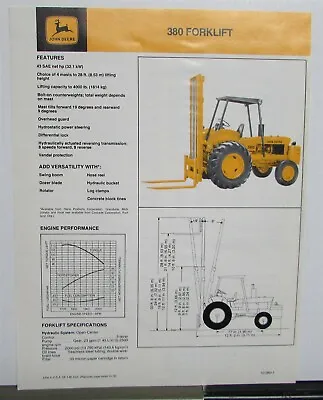 1979 John Deere 380 Forklift Specifications Construction Sales Brochure • $14.28