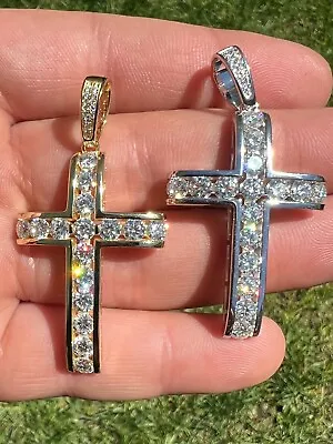 Real 925 Silver Gold Iced Channel Set Mens Hip Hop Tennis Cross Pendant Necklace • $40.30