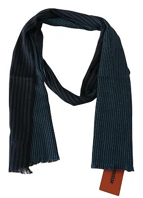 MISSONI Scarf Black Gray Striped Wool Unisex Neck Wrap Fringes 180cm X 33cm $340 • $89.50