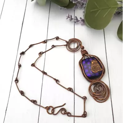 Artisan Solid Copper Vintage Necklace Pendant Dichroic Glass Eclectic Jewelry • $39.95