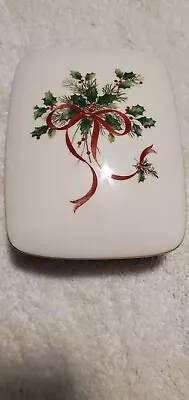 Mikasa Palatial Holly Gold Rectangular Covered Box 6 1/4  Red Ribbon Christmas • $35