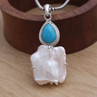 Natural Freshwater Pearl With Mexican Turquoise Sterling Silver Pendant • £55.78