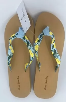 Vera Bradley 7-8 Flip Flops Lemon Grove Medium Webbing Strap Shoes Yellow Blue • $19.99