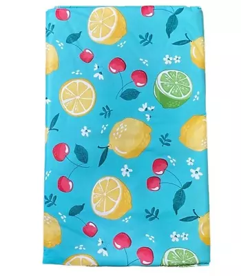 Summer Vinyl Tablecloth Flannel Backed 52x70 Blue Lemons Cherries Floral • $13.56