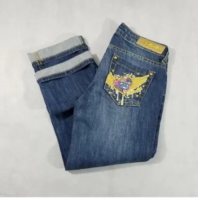 Ecko Red Capri Women's Junior's Blue Embroidered Denim Cuffed Jeans Size 0 • $7.95