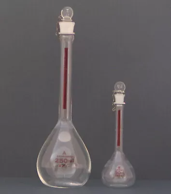 Vintage Set Pyrex Class A Red Stripe Volumetric Flasks With Pyrex Taper Stoppers • $15