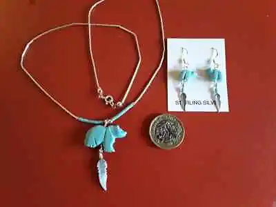 Turquoise Bear &  Feather Jewellery On Liquid Silver Chain - Earrings OR Necklac • £24.25