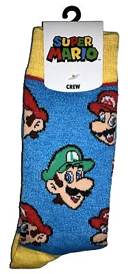 Super Mario Crew Socks 1 Pair Men's 8-12 Blue Red W Mario & Luigi Faces Nintendo • $13.97