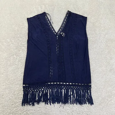 L Space Top Blouse Women  Extra Small Navy Linen Blend Fringe Vest Crochet • $5.39