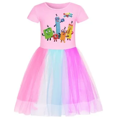 Kids Number Blocks Short Sleeve Dress Girls Rainbow Skirt Party Fancy Dress 3-12 • £8.07