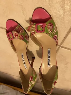 Manolo Blahnik BEAUTIFUL EMBROIDERY&PINK LEATHER BUCKLE STILETTO SUMMER SHOES 37 • $128.88