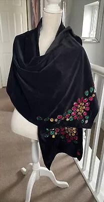 Indigo Moon Black Velvet Embellished Lined Wrap Evening Shawl Large 24 X 78  • £9.99