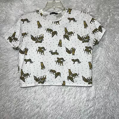 ZARA Top Women’s Small White Animal Print Crew Neck Short Sleeve Crop T-Shirt • $15