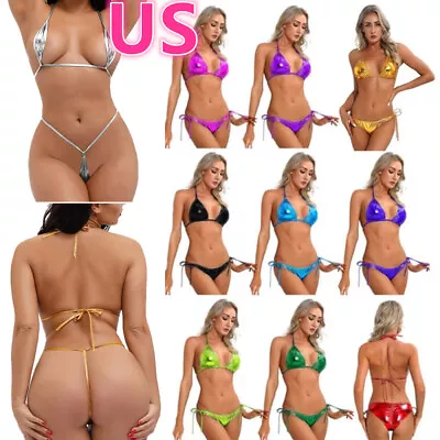 US Women's Sexy Bikini Shiny Bra Top With Briefs Thong Lingerie Set Bathing Suit • $6.43