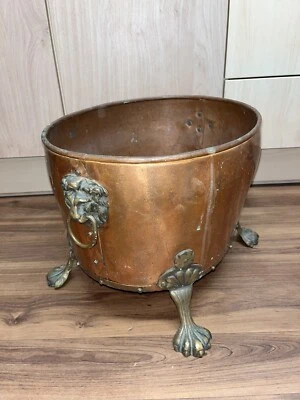 £55 • Buy Vintage Large Copper & Brass Coal Scuttle Log Bucket Storage Fireplace Lion Head