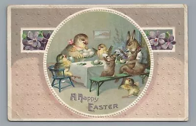 A Happy EASTER Dressed Bunny Rabbit Family Dinner Vintage Postcard • $4.99