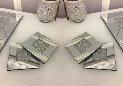 4x Mirror Coasters Crushed Diamond Square Home Decor Placemats Silver Glass Gift • £8.99