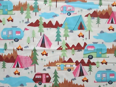 Retro Trailers Rv Campers Trailer Tents Camping Cream Cotton Fabric Fq  • $3.89