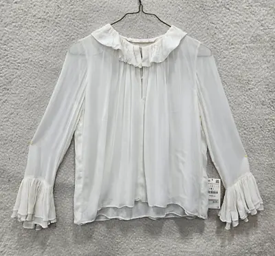 Zara Trafaluc Top Women Small White Viscose Long Bell Sleeve 1/4 Button Up Blous • $16.49