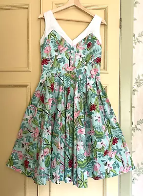 Hell Bunny Dress Swing Tea 50's VixenDress Pale Turquoise Green/Blue Pink MEDIUM • £16.95