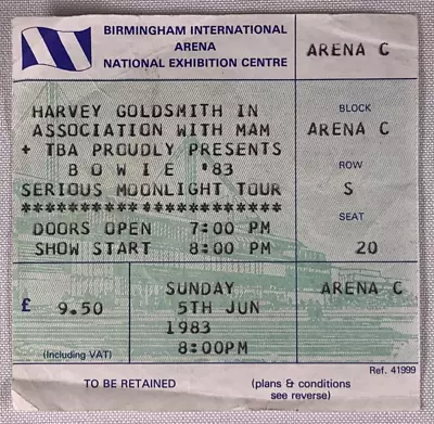 £37.50 • Buy David Bowie Ticket Original Vintage Serious Moonlight Tour Birmingham Arena 1983