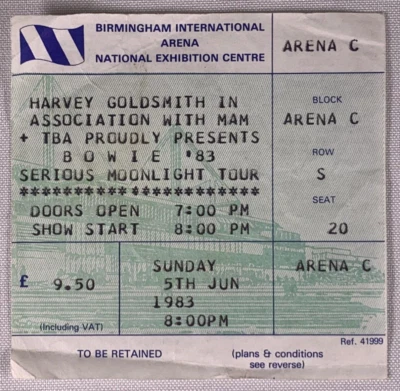 £37.50 • Buy David Bowie Ticket Original Vintage Serious Moonlight Tour Birmingham Arena 1983